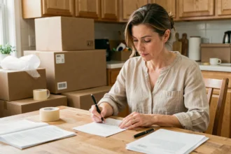 Femme rédigeant une lettre de résiliation d'assurance habitation à table entourée de cartons de déménagement
