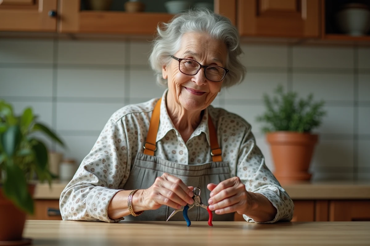 Femme âgée huilant ses sécateurs dans la cuisine