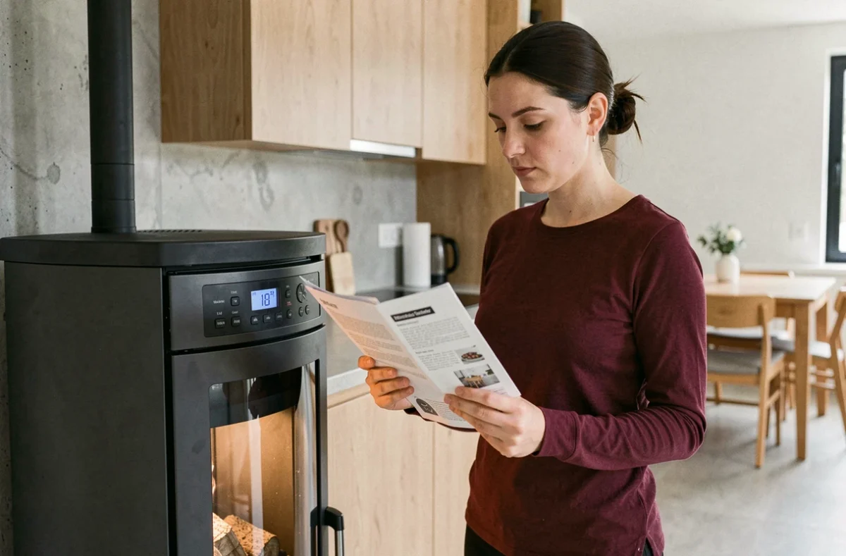Femme consultant le manuel d'utilisation d'un poêle à granulés pour modifier le débit de granulés dans une cuisine moderne