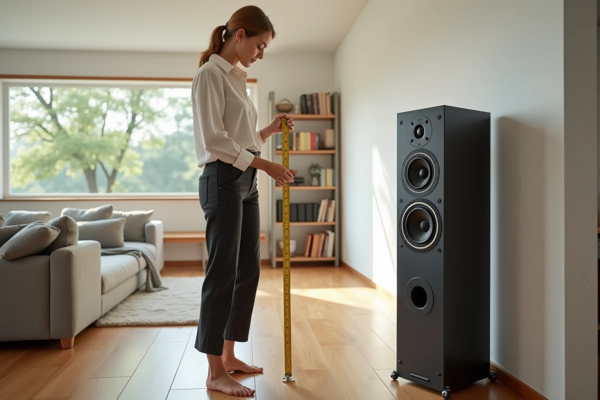 Femme mesure un grand haut-parleur dans un salon spacieux