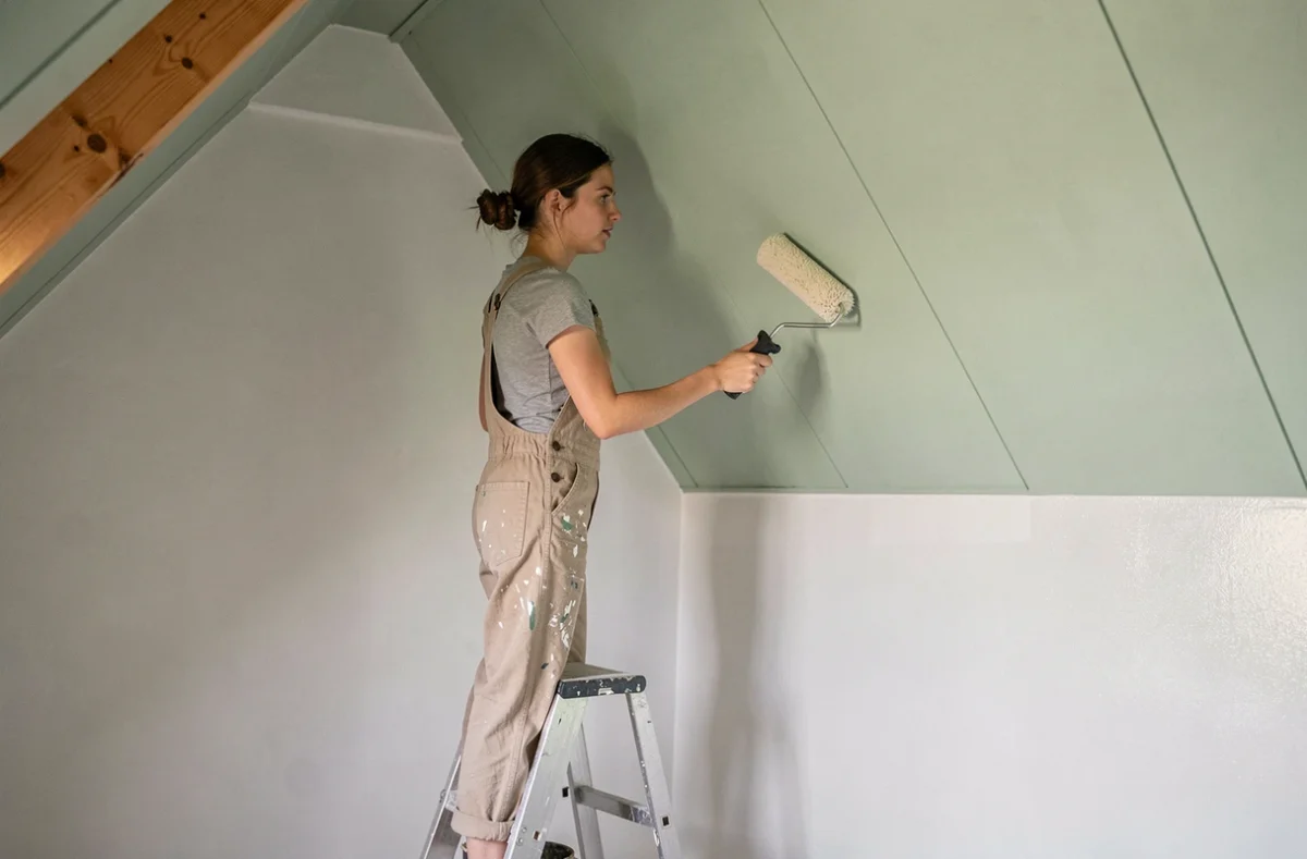Femme peignant le mur du fond d'une chambre mansardée pour créer un effet d'agrandissement visuel