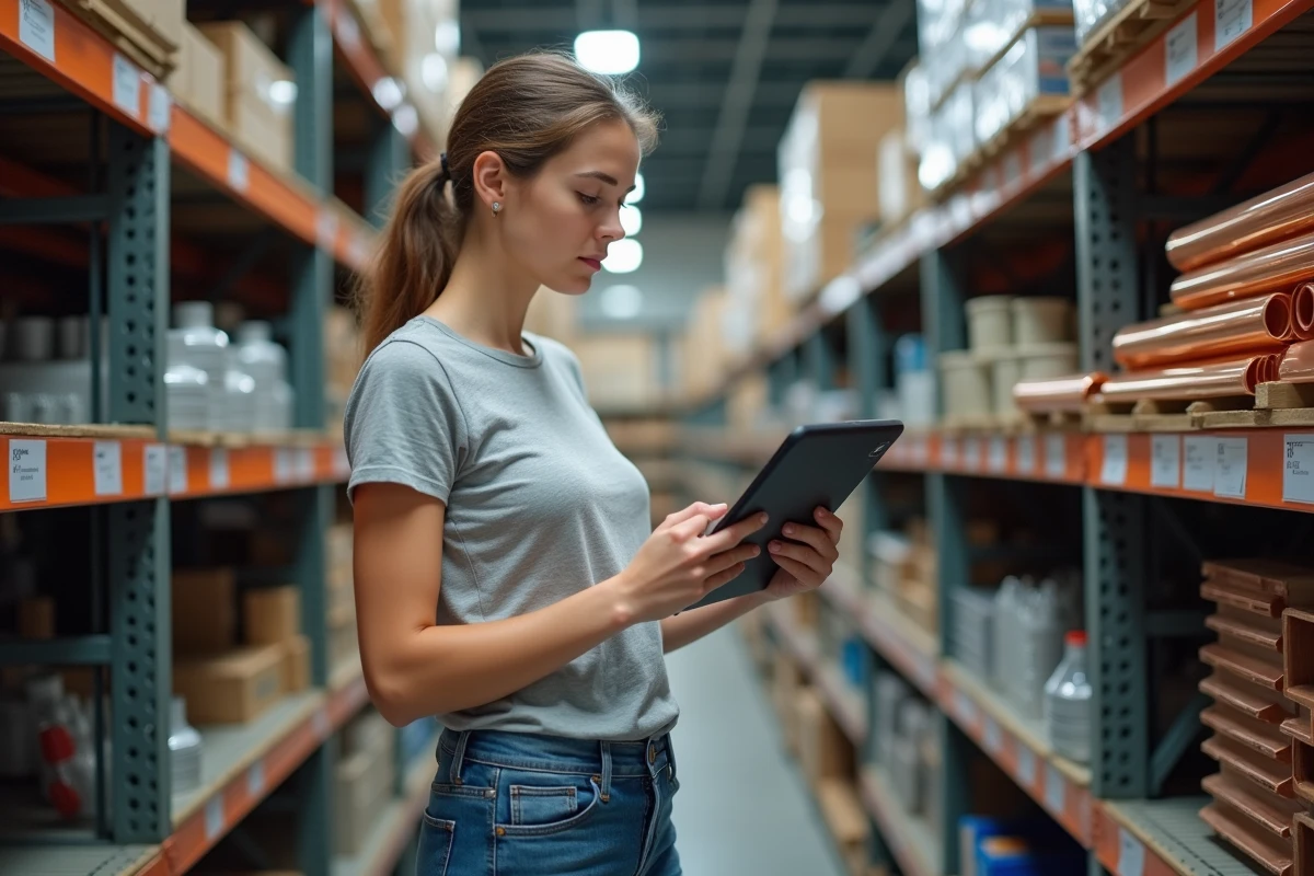 Jeune femme étudie un diagramme de plomberie en magasin