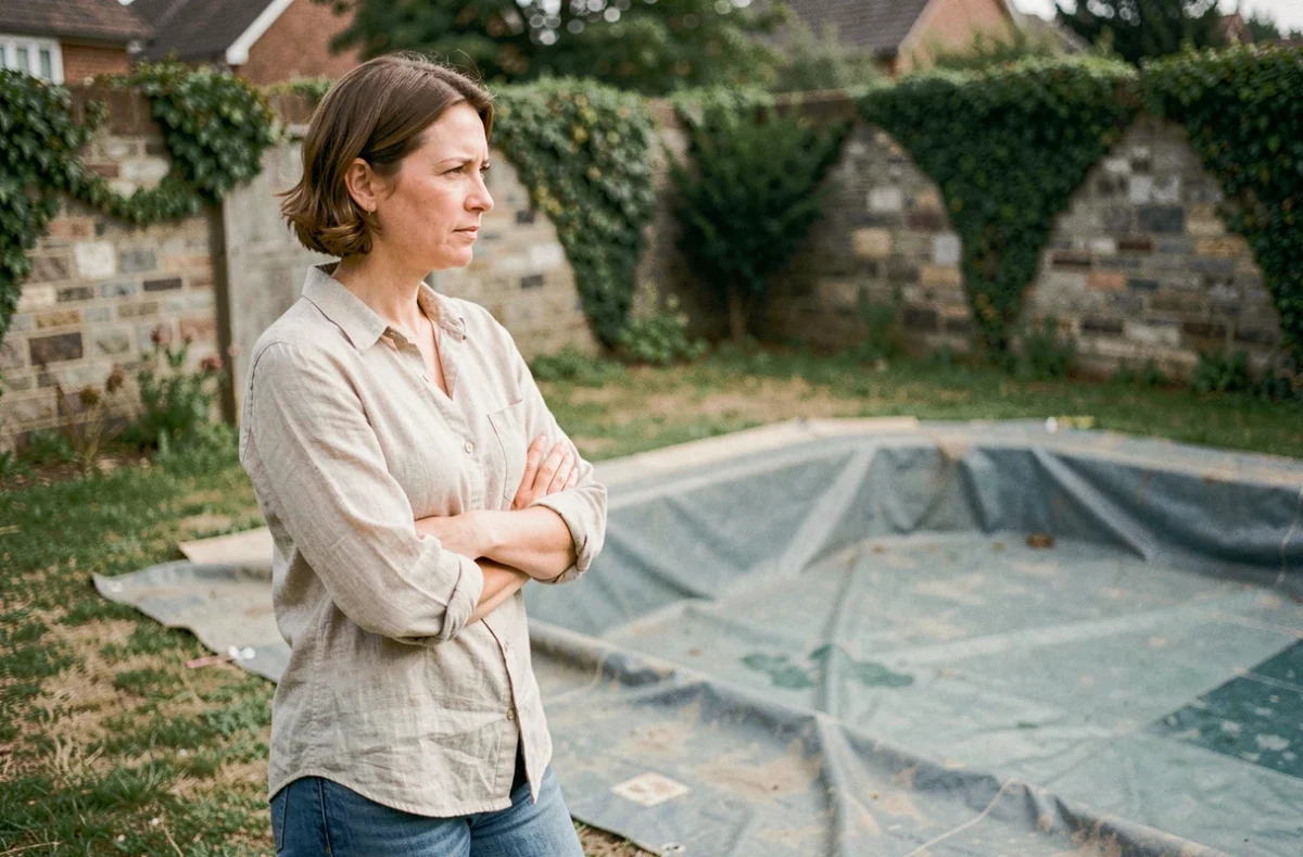 Femme réfléchissant aux options pour une piscine inutilisée couverte d'une bâche dans son jardin