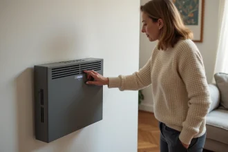 Femme réglant le thermostat d'un accumulateur électrique mural dans un salon moderne pour optimiser les heures creuses