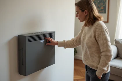 Femme réglant le thermostat d'un accumulateur électrique mural dans un salon moderne pour optimiser les heures creuses