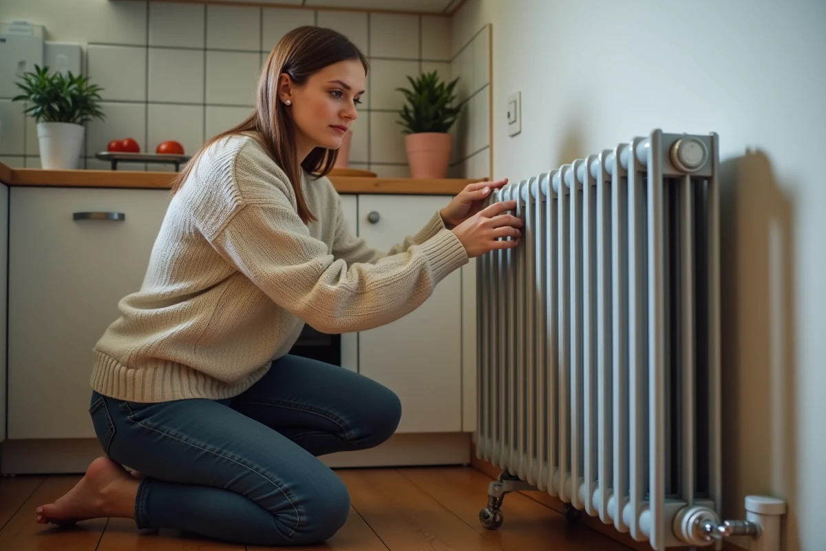 Jeune femme réglant un radiateur dans une cuisine