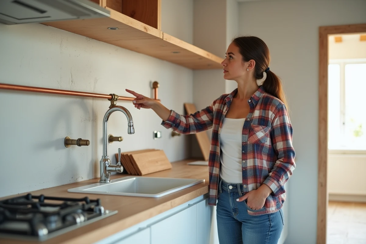 Femme pointe tuyau cuivre dans cuisine en renovation
