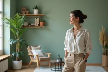 Femme élégante devant un mur vert sauge dans un intérieur moderne