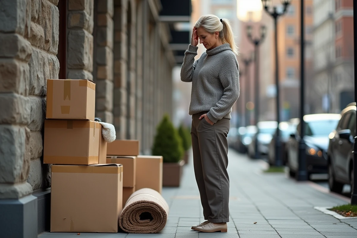 Femme stressée devant des cartons dans la rue urbaine
