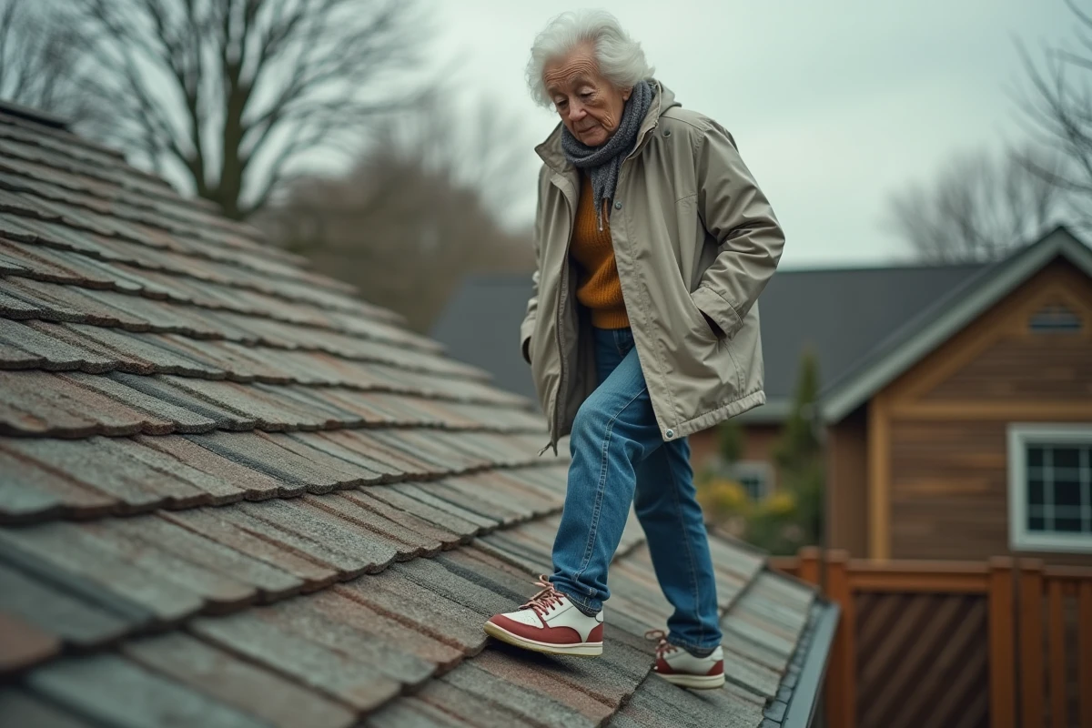 Femme âgée marchant sur shingles de sa maison