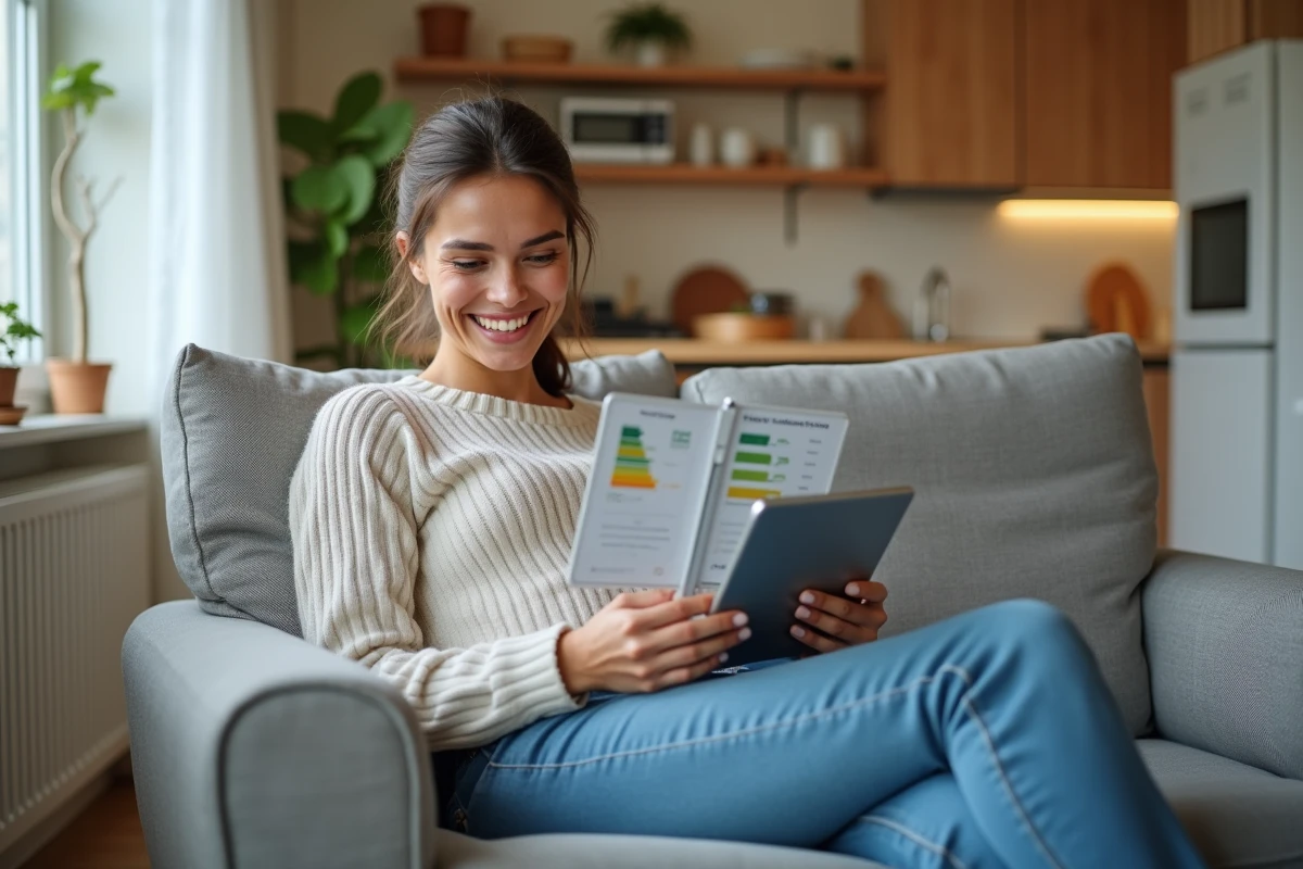 Jeune femme souriante utilisant une tablette pour économies d énergie