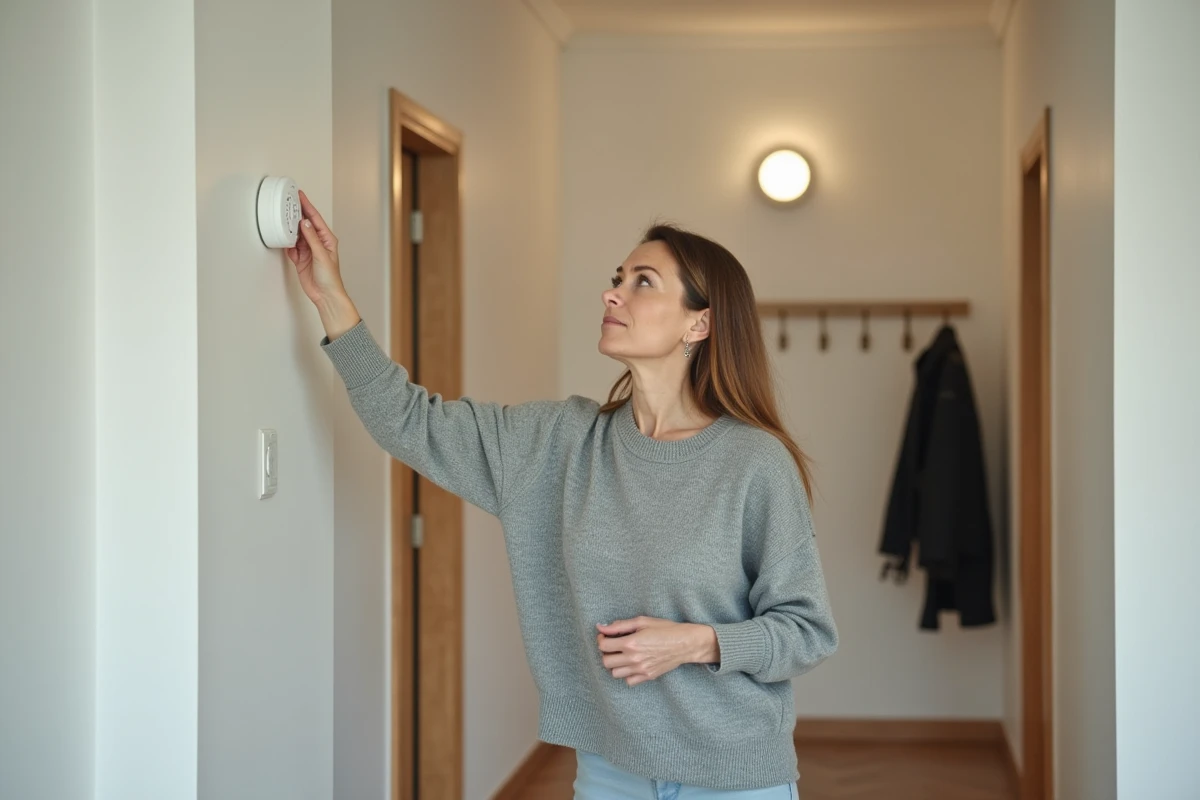 Femme appuyant sur le bouton de test d'un détecteur de fumée fixé au plafond d'un couloir d'appartement