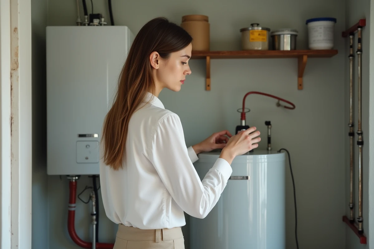 Jeune femme inspectant un chauffe-eau électrique dans une pièce