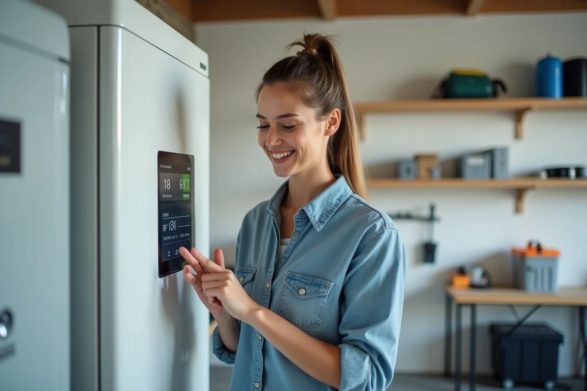 Jeune femme vérifiant un moniteur d énergie dans une pièce moderne