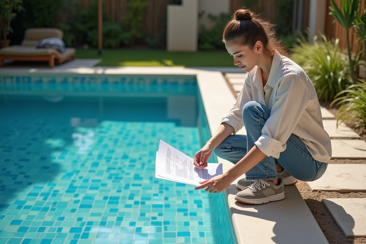 Jeune femme vérifiant les carreaux de la piscine dans son jardin