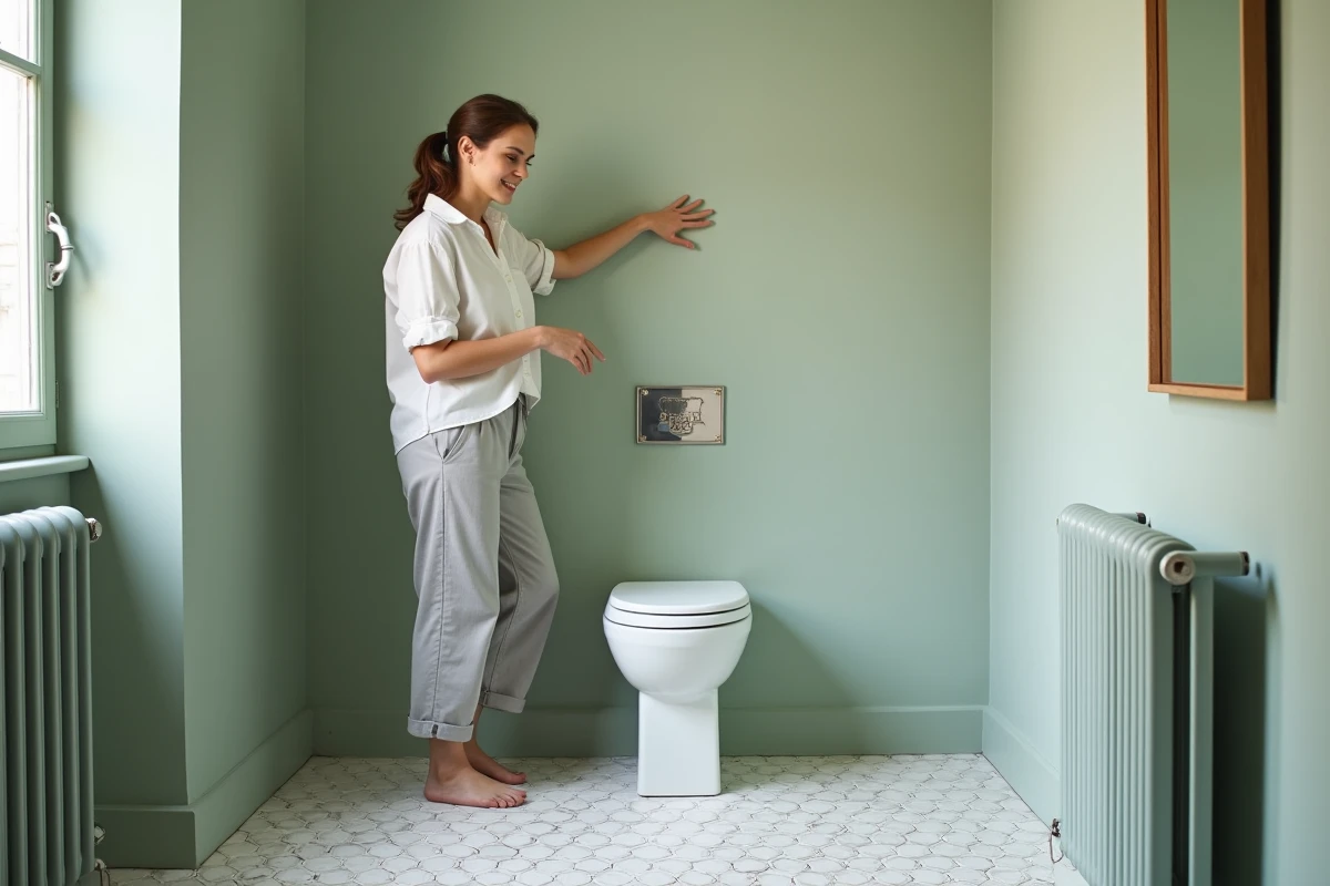 Femme en tenue décontractée montrant l'espace gagné grâce à un WC suspendu compact dans une salle de bain de style haussmannien rénovée