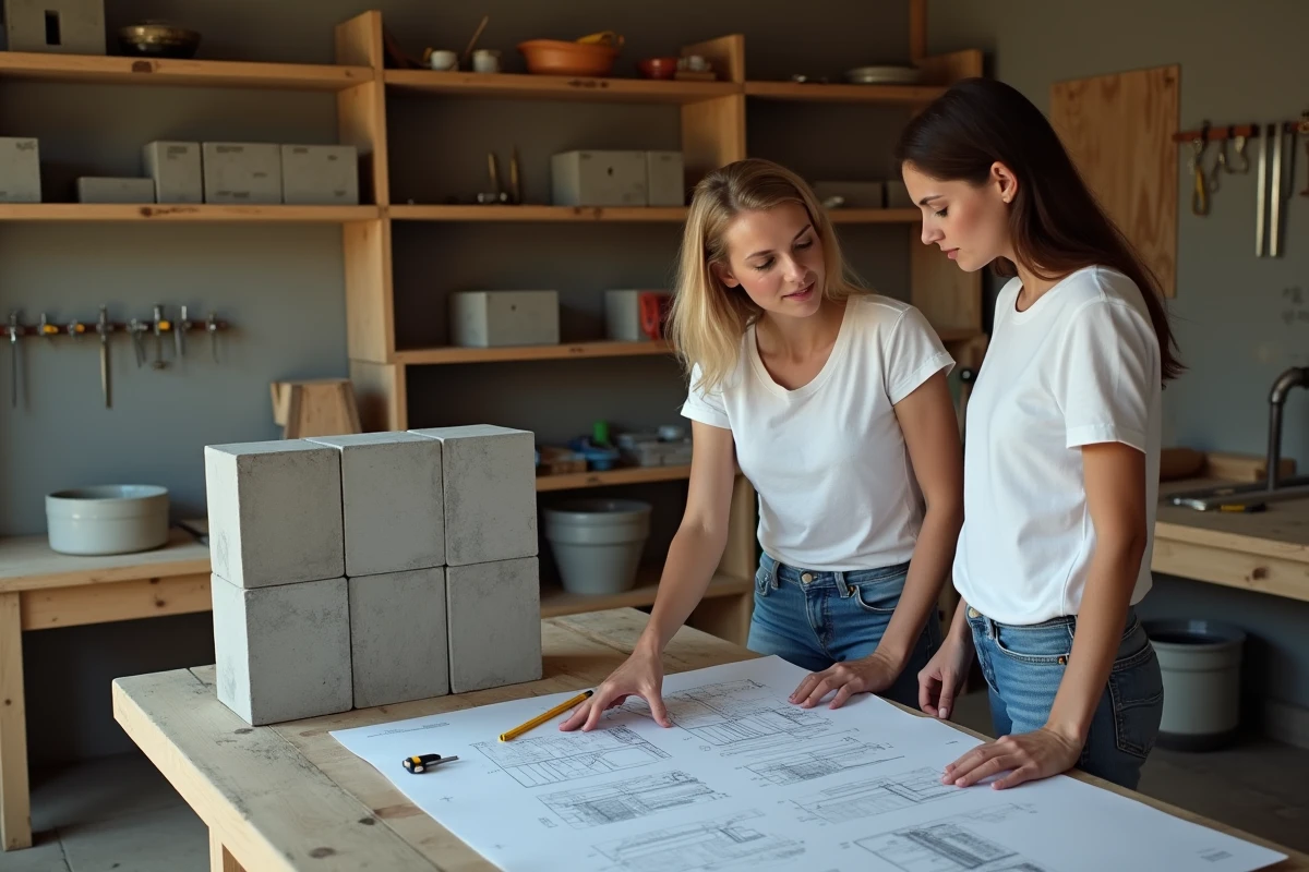 Deux femmes discutant plans de construction dans un atelier