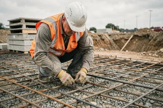 Ouvrier posant un ferraillage en acier sur un chantier de dalle béton avec fondation en cours