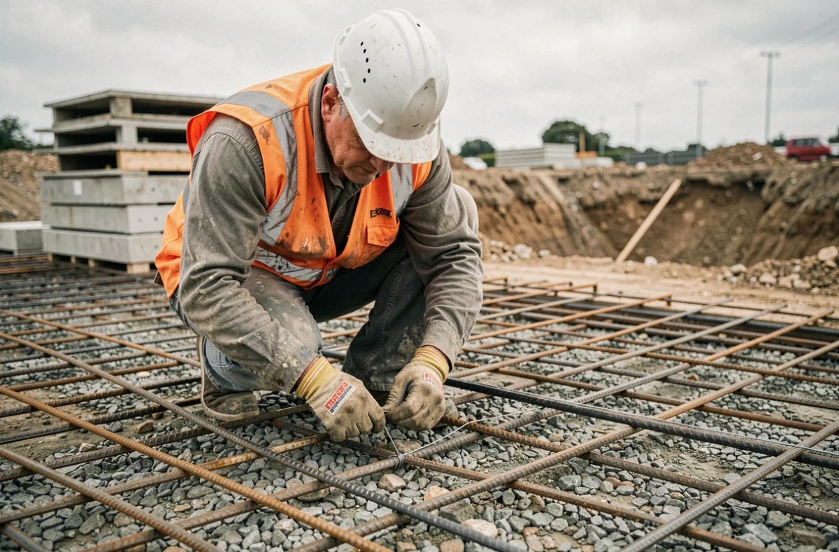 Ouvrier posant un ferraillage en acier sur un chantier de dalle béton avec fondation en cours