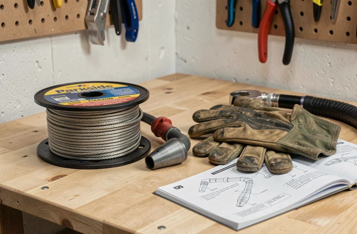 Fil fourré pour soudage MIG Parkside posé sur un établi avec torche, gants de soudeur et manuel d'instructions pour débutant