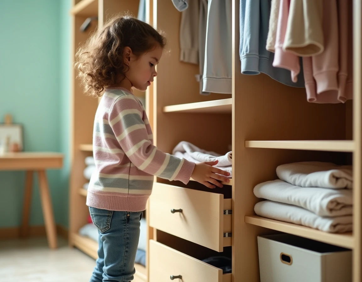 Fillette rangeant ses vêtements dans un dressing modulable en bois clair avec tiroirs et bacs en tissu étiquetés