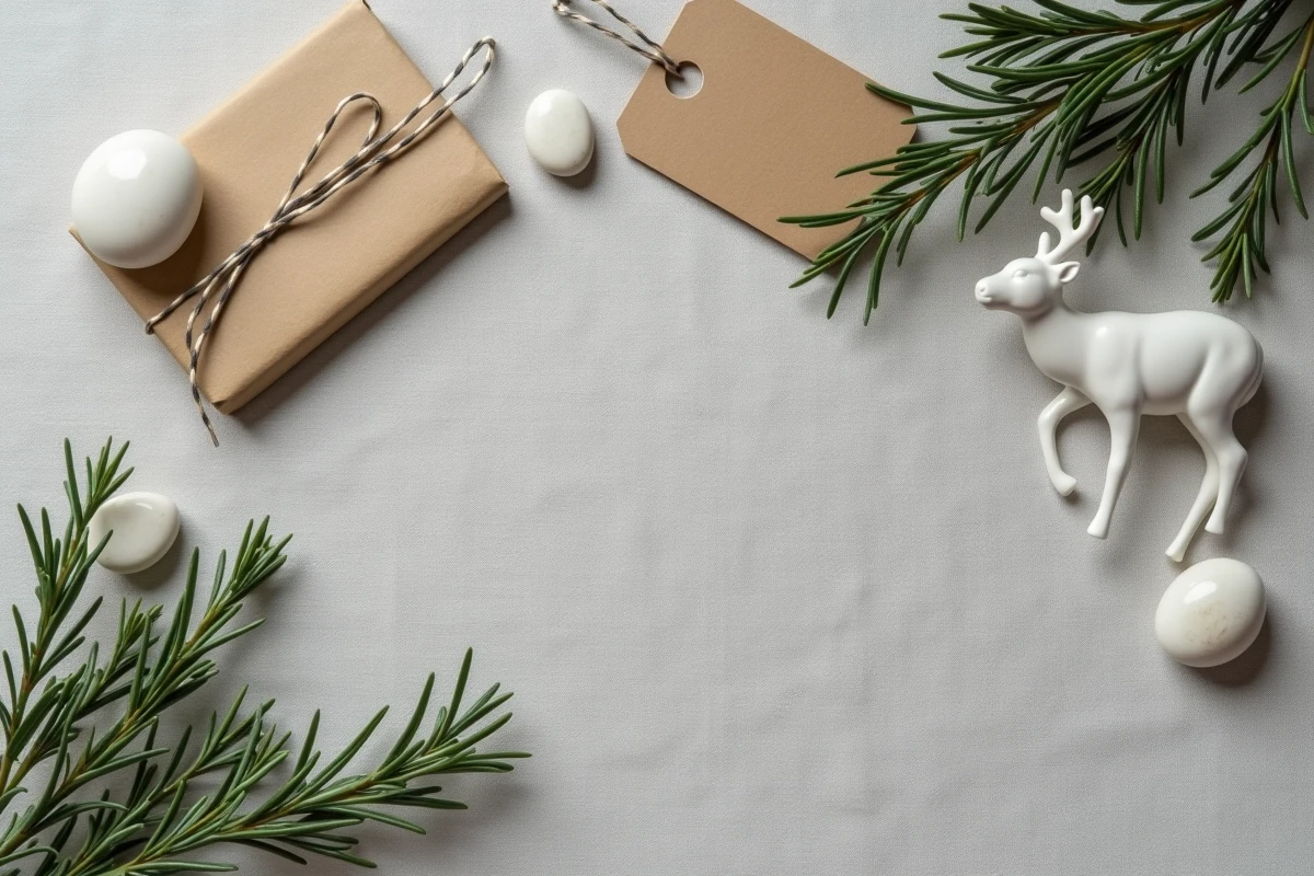 Flatlay de décoration de Noël minimaliste avec un renne en céramique blanche, romarin séché et pierres naturelles sur lin gris