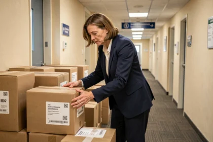 Fonctionnaire femme préparant des cartons de déménagement dans un couloir administratif