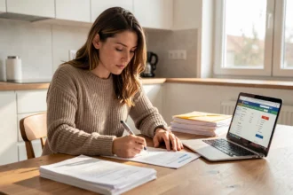 Femme remplissant des formulaires administratifs pour un déménagement à son domicile