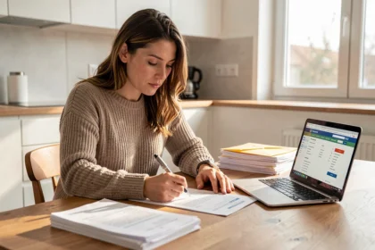 Femme remplissant des formulaires administratifs pour un déménagement à son domicile