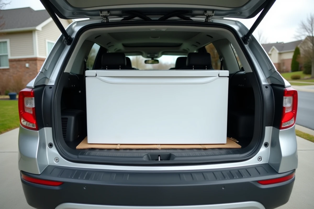 Réfrigérateur allongé horizontalement dans le coffre d'un SUV lors d'un déménagement