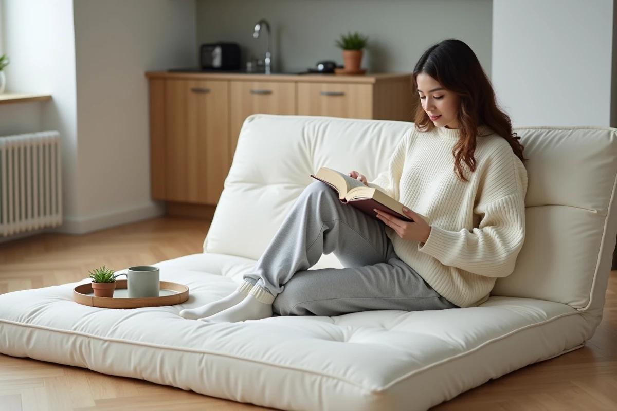 Jeune femme assise sur un futon matelas déplié en position sol dans un studio minimaliste avec parquet en chêne clair