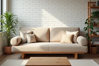 Futon matelas pliable converti en banquette dans un salon scandinave compact avec tissu lin beige et coussins décoratifs