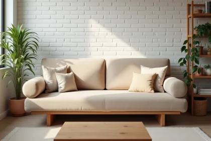 Futon matelas pliable converti en banquette dans un salon scandinave compact avec tissu lin beige et coussins décoratifs