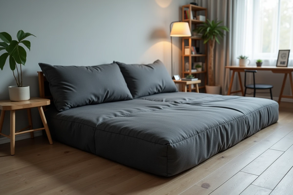 Futon matelas en cours de transformation de position couchage vers banquette dans une chambre d'appoint bureau avec murs gris