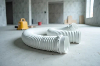 Gaine de ventilation flexible blanche de type Zehnder ComfoTube posée sur un sol en béton dans un chantier de construction