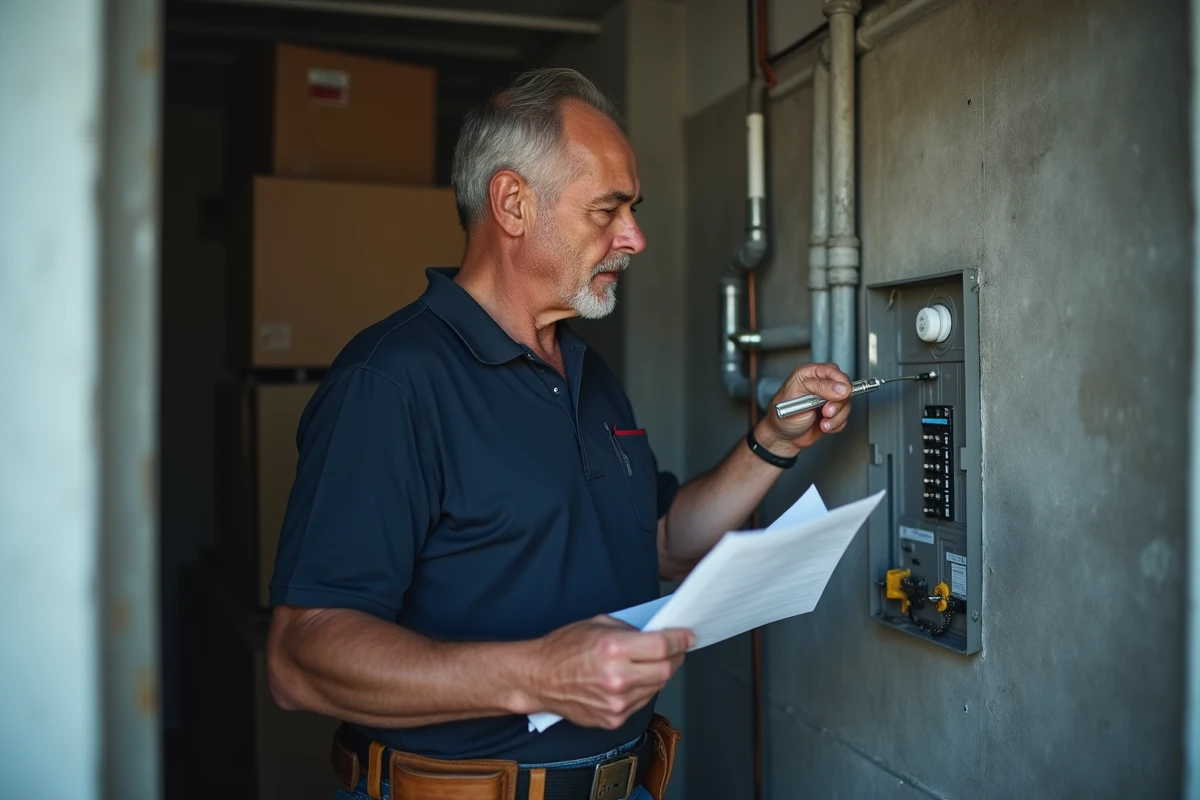 Gardien d'immeuble inspectant un détecteur de fumée dans une salle technique d'appartement avec un outil en main