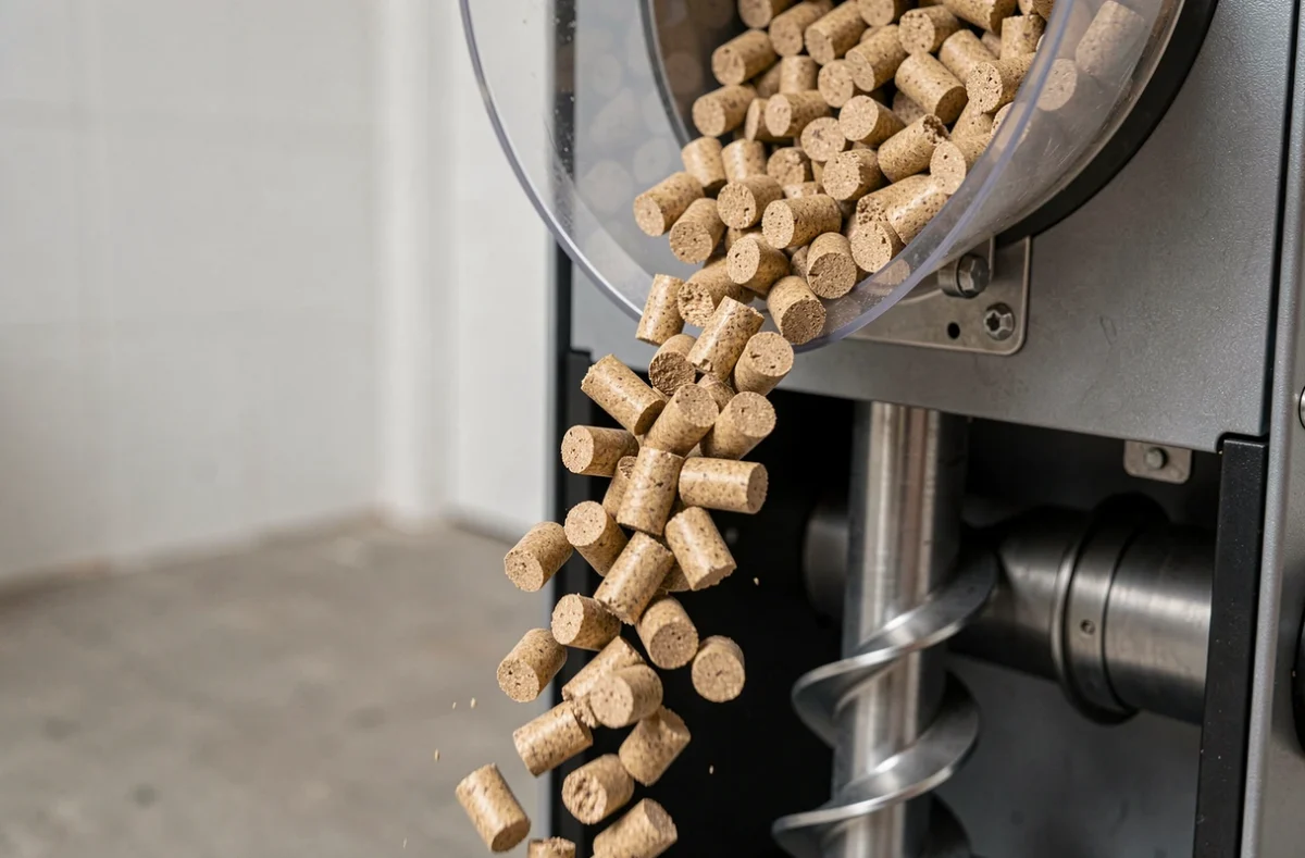 Gros plan sur des granulés de bois tombant dans le mécanisme d'alimentation d'un poêle à pellets