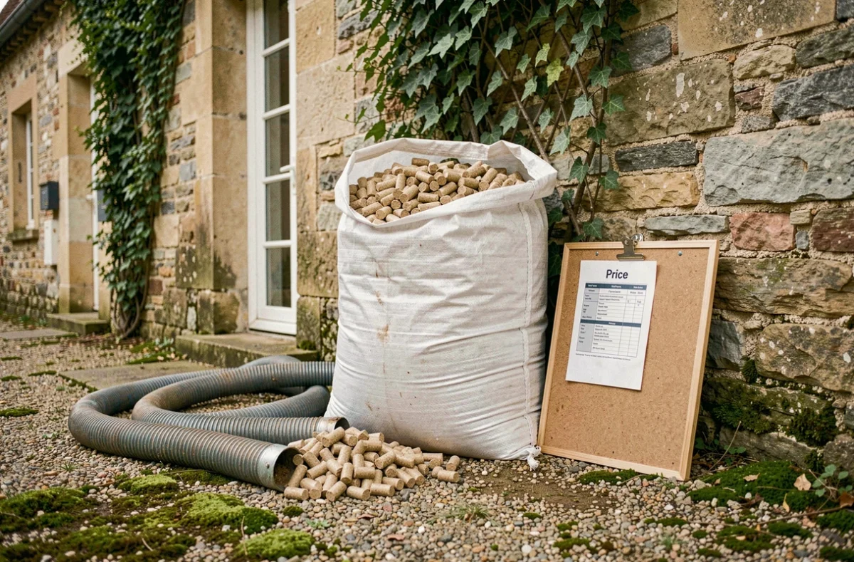 Sac de granulés de bois en vrac stocké devant une maison en pierre avec tuyau de livraison et devis de remplacement