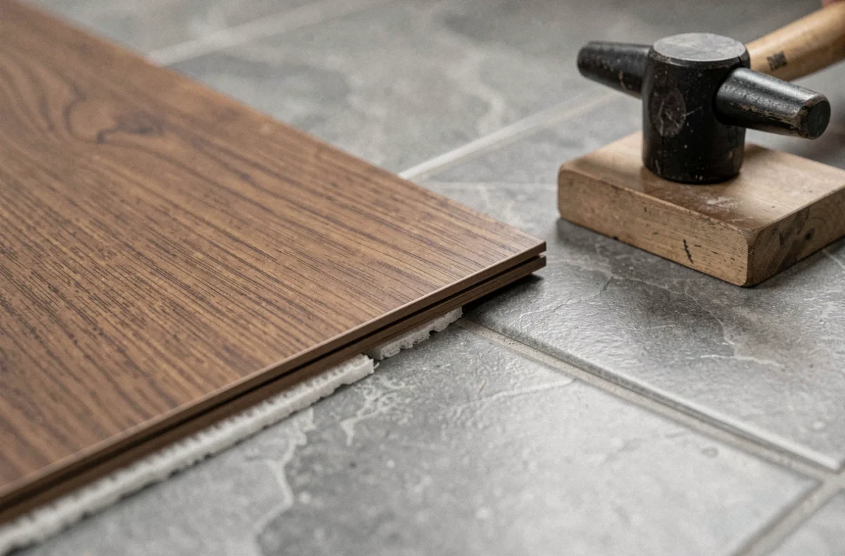Gros plan sur l'assemblage d'une lame de parquet flottant clipsée sur une sous-couche posée sur carrelage
