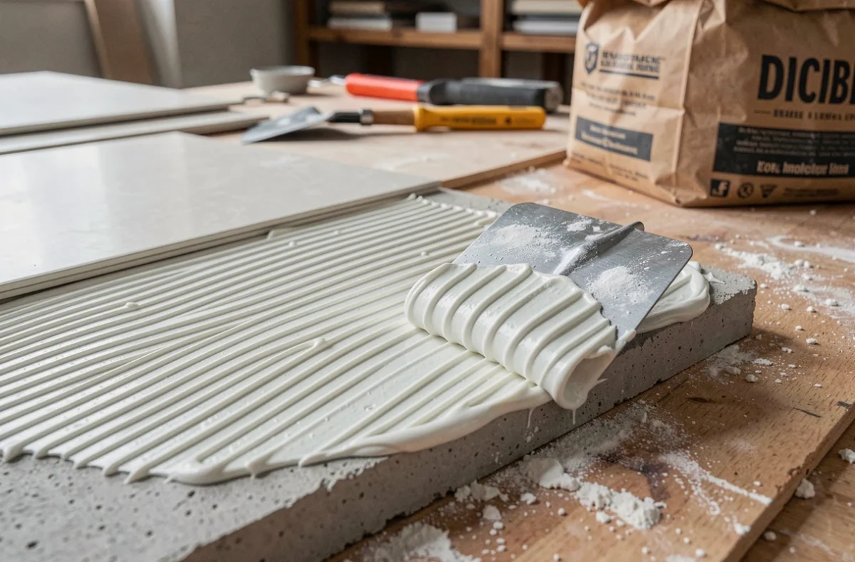 Gros plan sur la colle à carrelage peignée avec une spatule crantée sur une surface en ciment, montrant les stries uniformes d'adhésif blanc