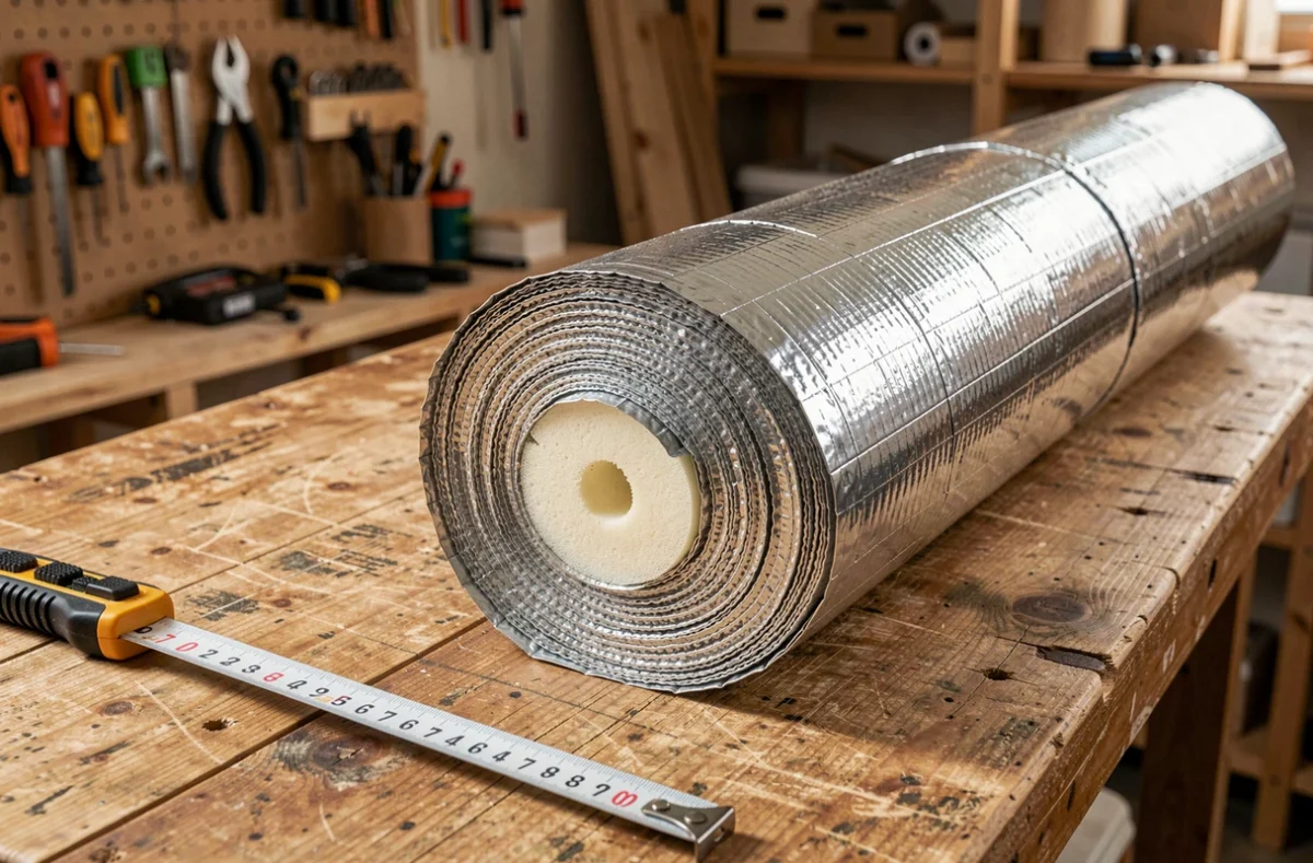Gros plan sur un rouleau d'isolant mince multicouche déroulé avec ses différentes couches visibles sur un établi de bricolage