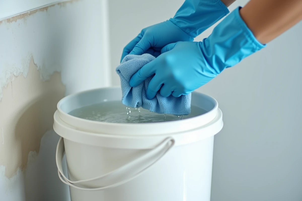 Gros plan sur des mains gantées essorant un chiffon microfibre au-dessus d'un seau lors du lessivage d'un mur avant peinture