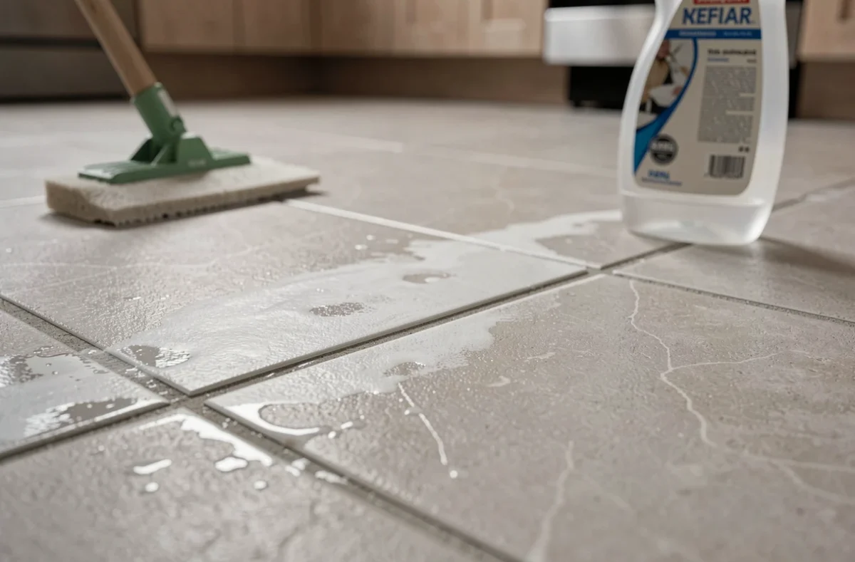 Gros plan sur un carrelage neuf recouvert d'un voile blanc avec un produit nettoyant et une raclette posés à côté