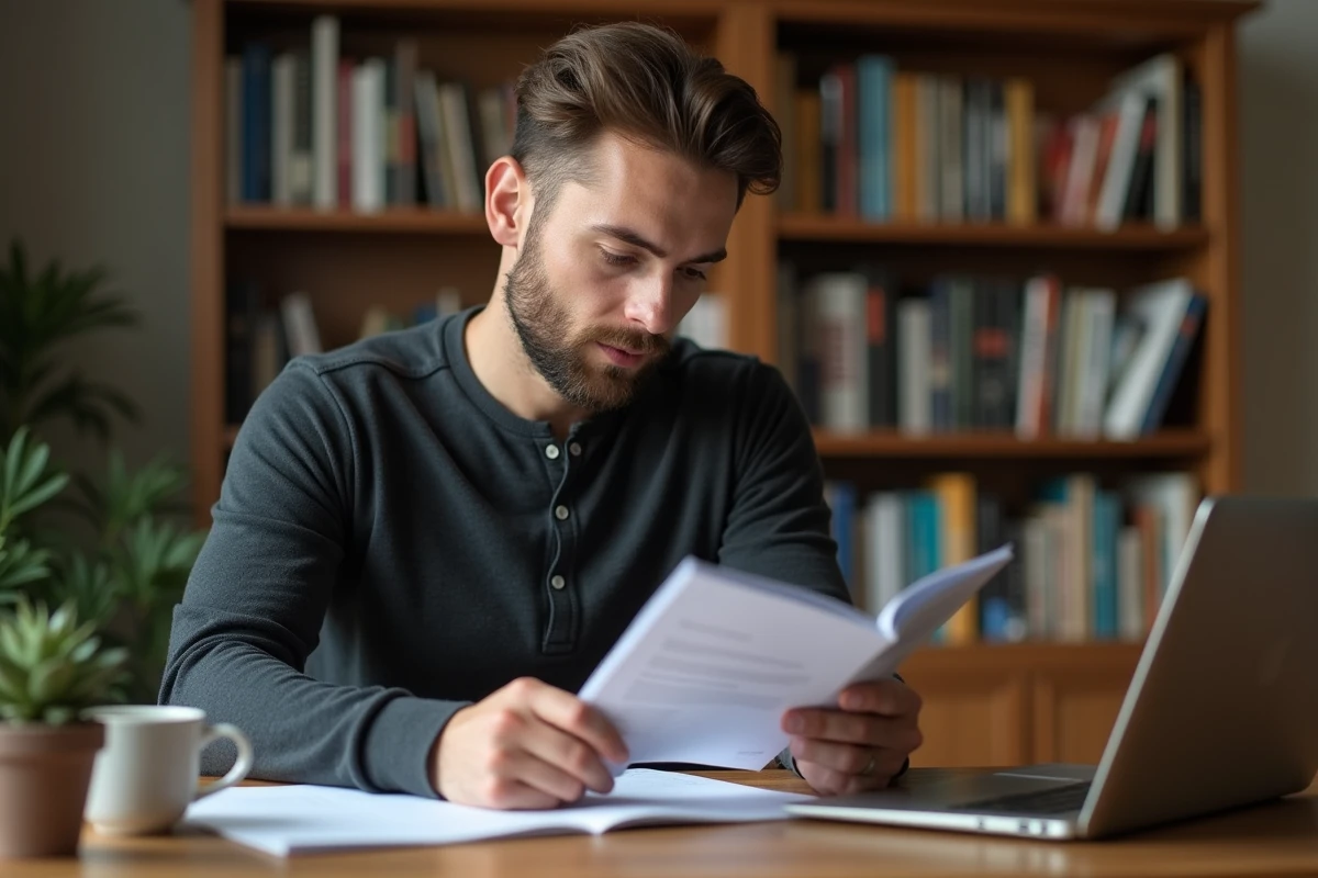Salarié lisant un guide sur les droits du CSE Maisons du Monde depuis son bureau à domicile