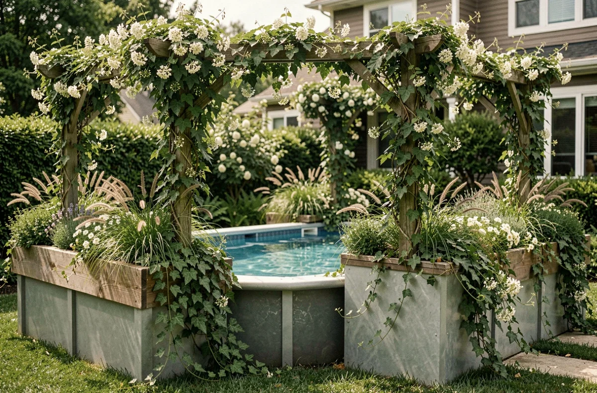 Habillage végétalisé d'une piscine hors sol avec jardinières et plantes grimpantes sur treillis