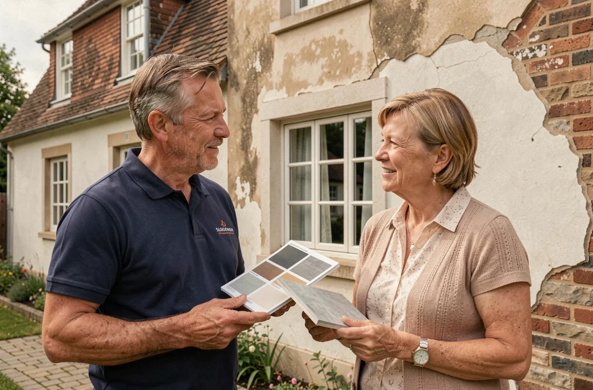 Conseiller d'Habitat Vision présentant des échantillons de façade à une propriétaire normande