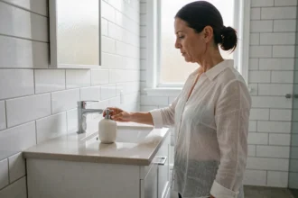 Femme debout à côté d'un meuble de salle de bain à hauteur ergonomique de 85 cm, illustrant le choix de hauteur idéale pour un meuble vasque