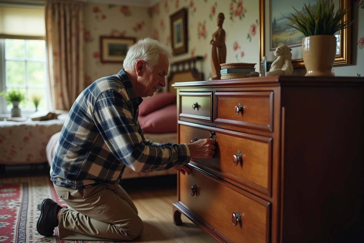 Homme âgé fixe un coffre ancien dans une chambre chaleureuse