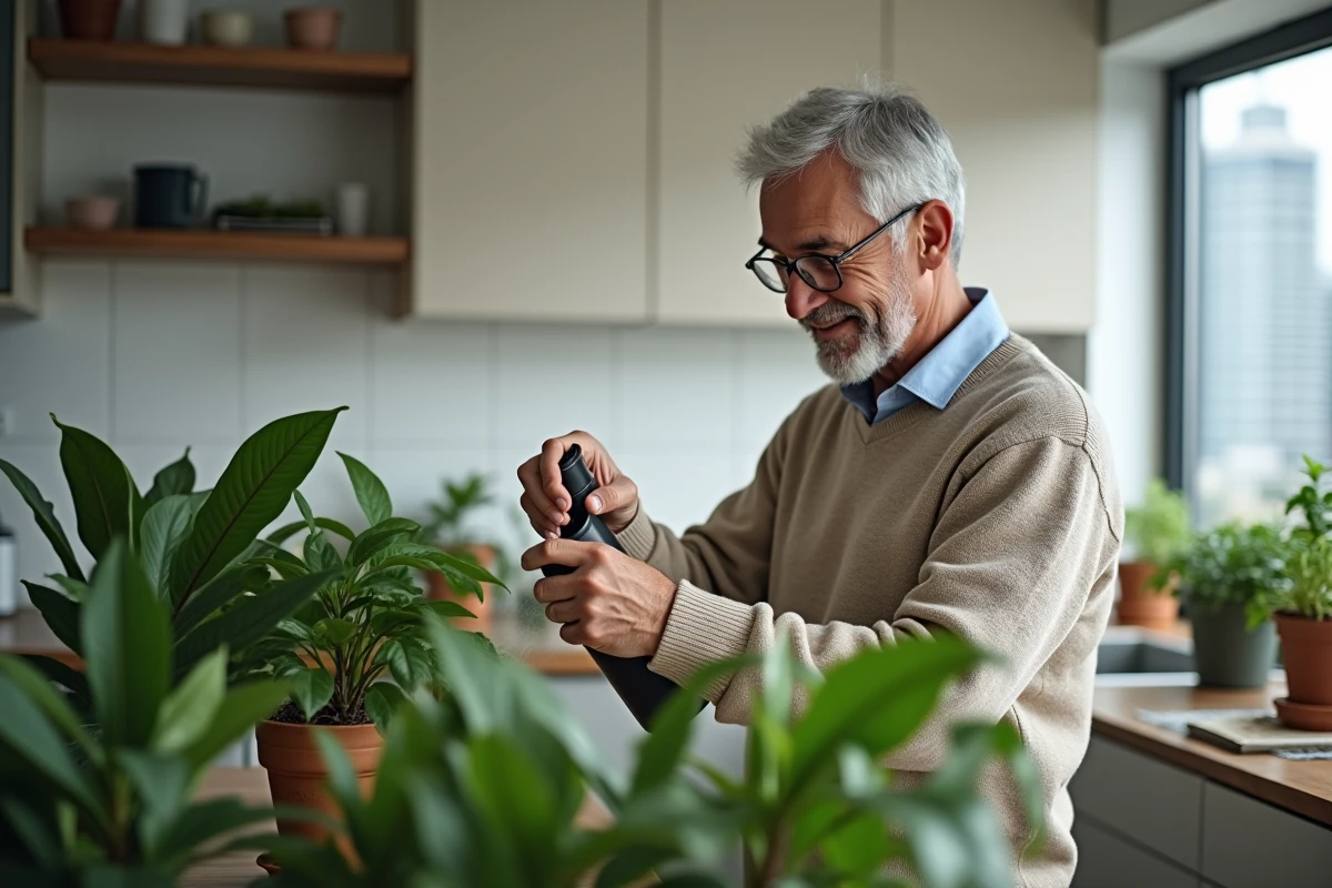 Homme arrosant des plantes tropicales dans une cuisine moderne