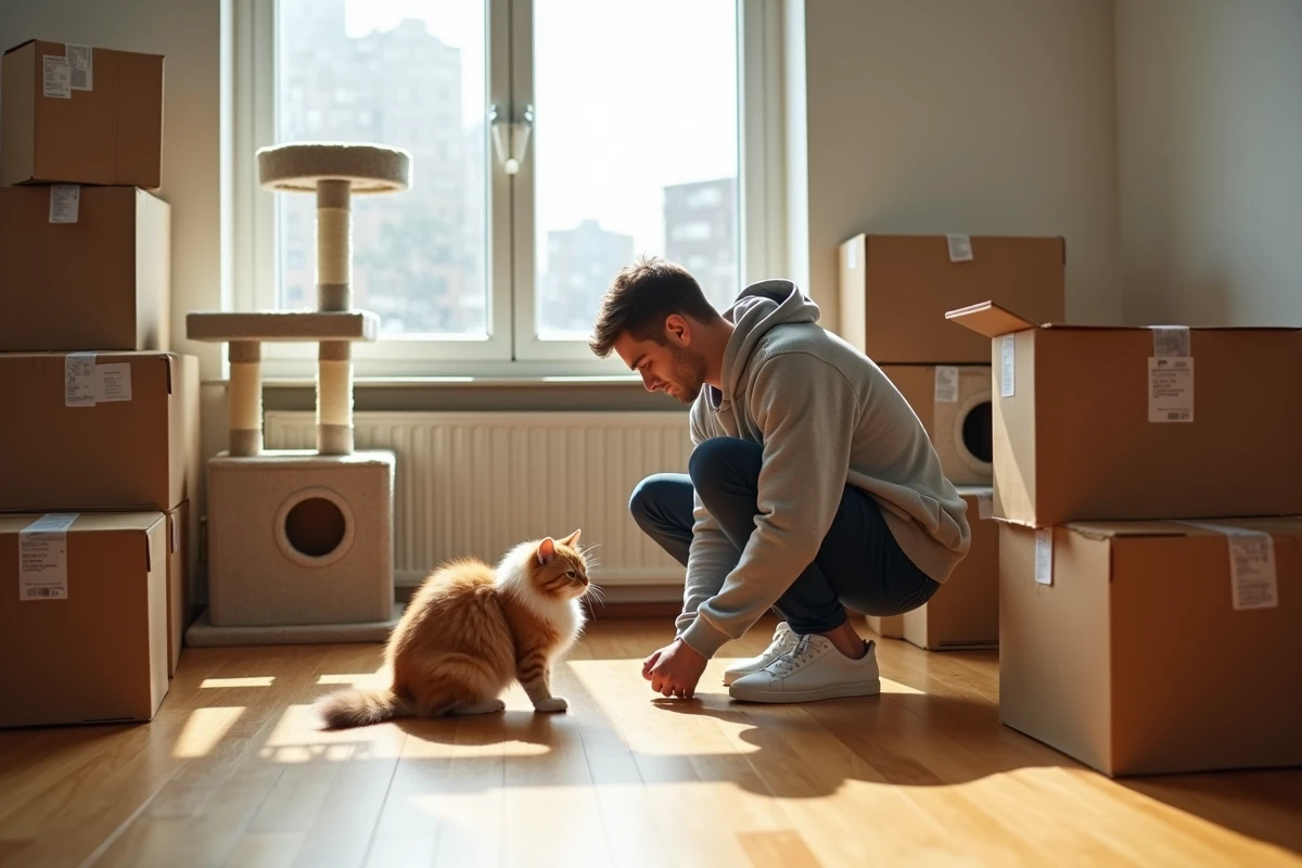 Homme avec chat dans un appartement en déménagement